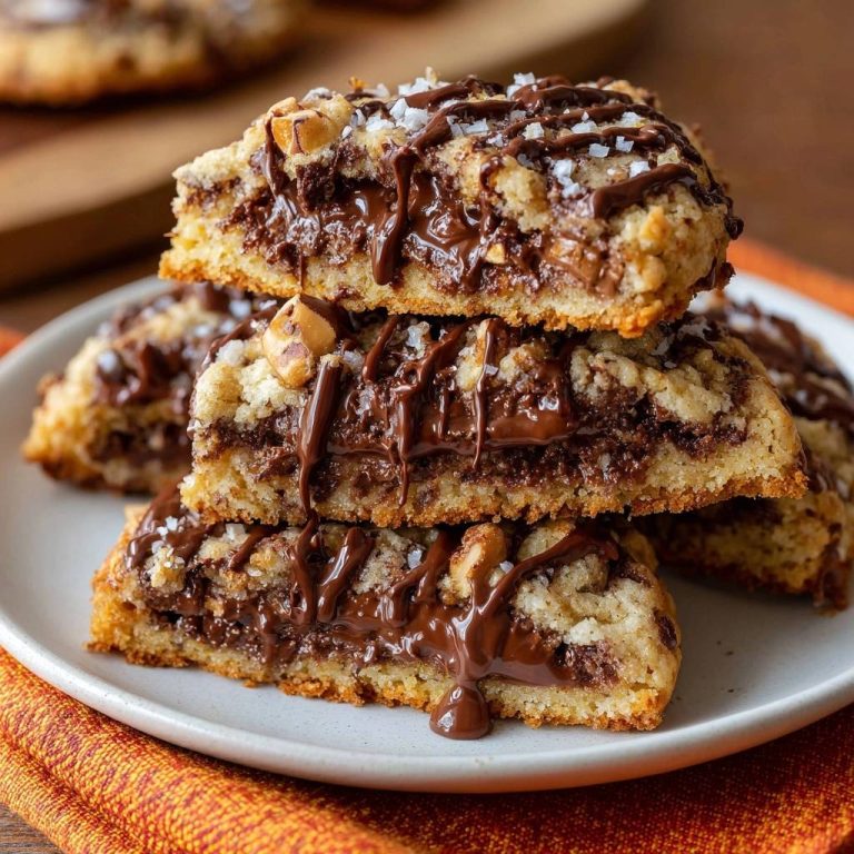 Knusprige Haselnuss-Schoko-Cookies in Nahaufnahme mit einem köstlichen Querschnitt, der die geschmolzene Schokolade und die knusprige Textur zeigt.