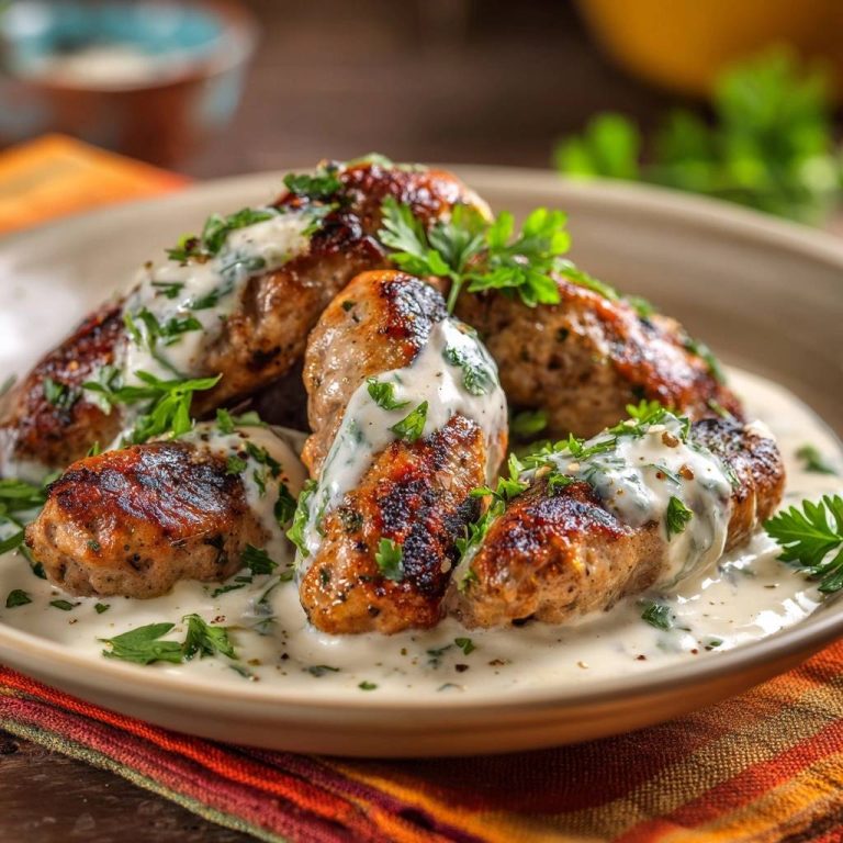 Knusprige Hähnchen-Kofta mit cremiger Kräutersoße in Nahaufnahme serviert, mit frischer Petersilie garniert und von cremiger Soße umhüllt.