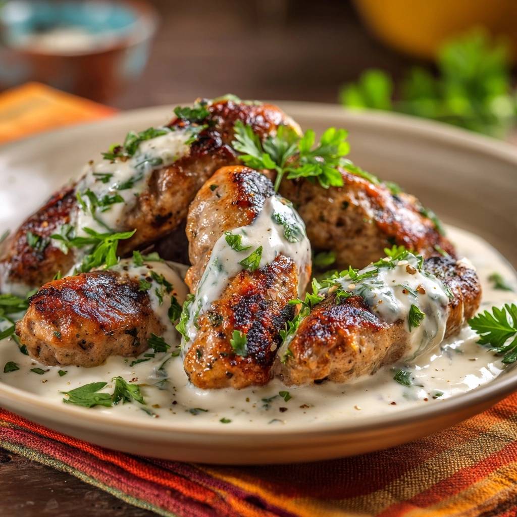 Knusprige Hähnchen-Kofta mit cremiger Kräutersoße in Nahaufnahme serviert, mit frischer Petersilie garniert und von cremiger Soße umhüllt.
