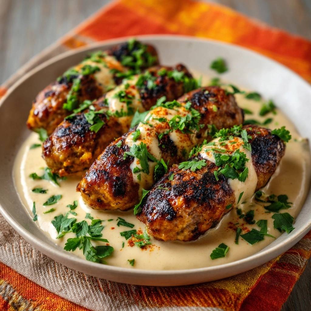 Knusprige Hähnchen-Kofta mit cremiger Kräutersoße serviert auf einem Teller, garniert mit frischer Petersilie und einer cremigen Soße.