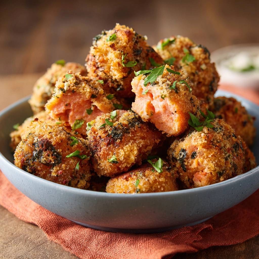 Knusprige Lachs-Kräuter-Bällchen zeigen hier einen appetitlichen Querschnitt, der die saftige Textur des Lachses im Inneren offenbart.