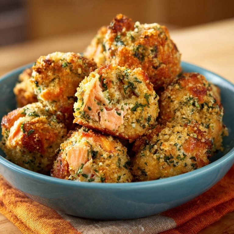 Knusprige Lachs-Kräuter-Bällchen zeigen einen appetitlichen Querschnitt, der das zarte Lachsfilet und die knusprige Kruste offenbart.