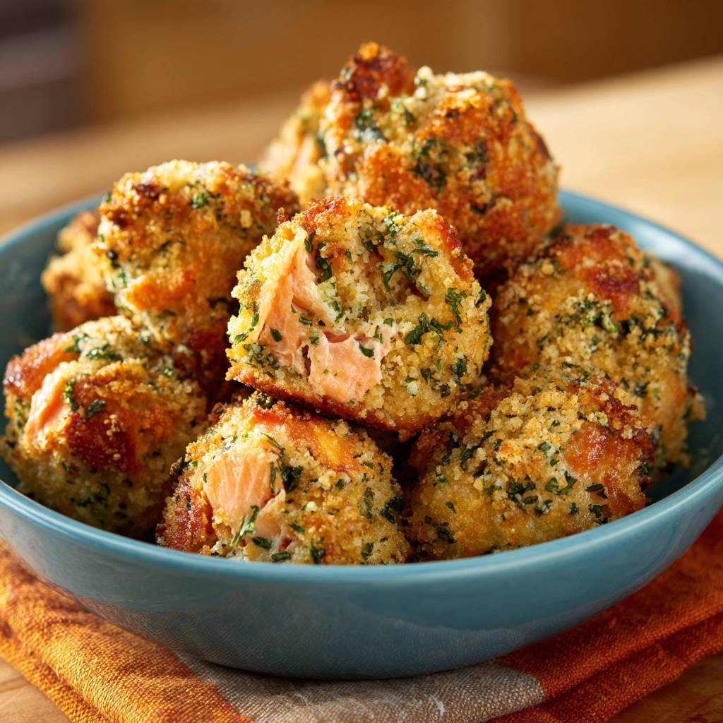 Knusprige Lachs-Kräuter-Bällchen zeigen einen appetitlichen Querschnitt, der das zarte Lachsfilet und die knusprige Kruste offenbart.