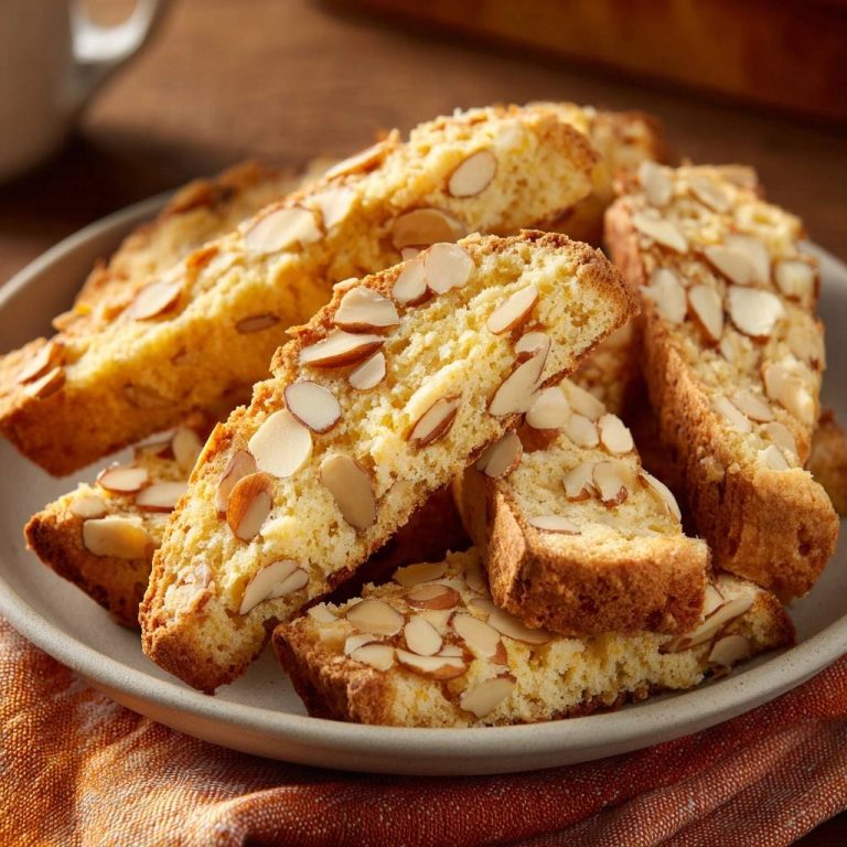 Knusprige Manducini (Cantuccini) in Nahaufnahme auf einem Teller, mit gerösteten Mandelsplittern garniert, perfekt für einen leckeren Genuss.