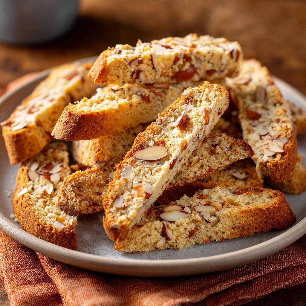 Knusprige Manducini (Cantuccini) liegen auf einem Teller, eine Nahaufnahme des italienischen Mandelgebäcks, serviert und bereit zum Genießen.
