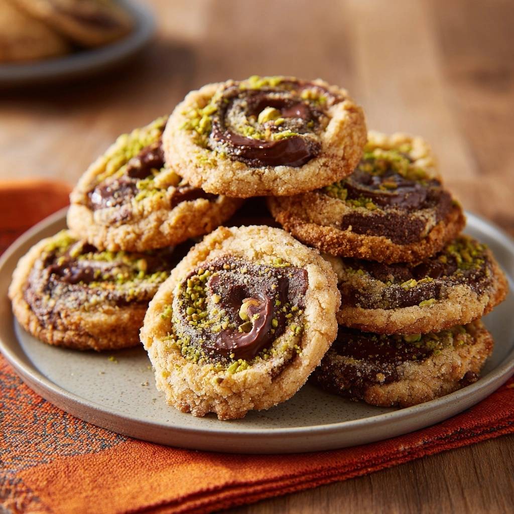 Knusprige Pistazien-Schokoladenkekse auf einem Teller serviert, mit Pistazien und Schokoladenfüllung. Ein leckeres Dessert, perfekt zum Snacken.