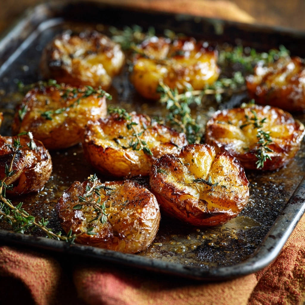 Knusprige Quetschkartoffeln mit Thymian, draufsicht von oben. Diese knusprigen Kartoffeln sind mit frischem Thymian garniert und perfekt gebräunt.