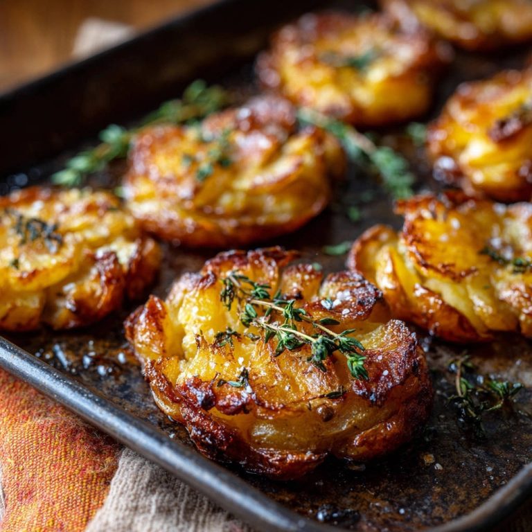 Knusprige Quetschkartoffeln mit Thymian in Nahaufnahme, goldbraun gebacken, mit frischen Kräutern garniert und grobem Salz bestreut.