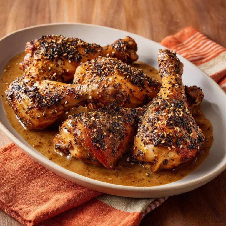 Knusprige Sesam-Hähnchenkeulen serviert auf einem hellen Teller. Die saftigen Hähnchenteile sind mit Sesam bedeckt und in einer köstlichen Sauce angerichtet.