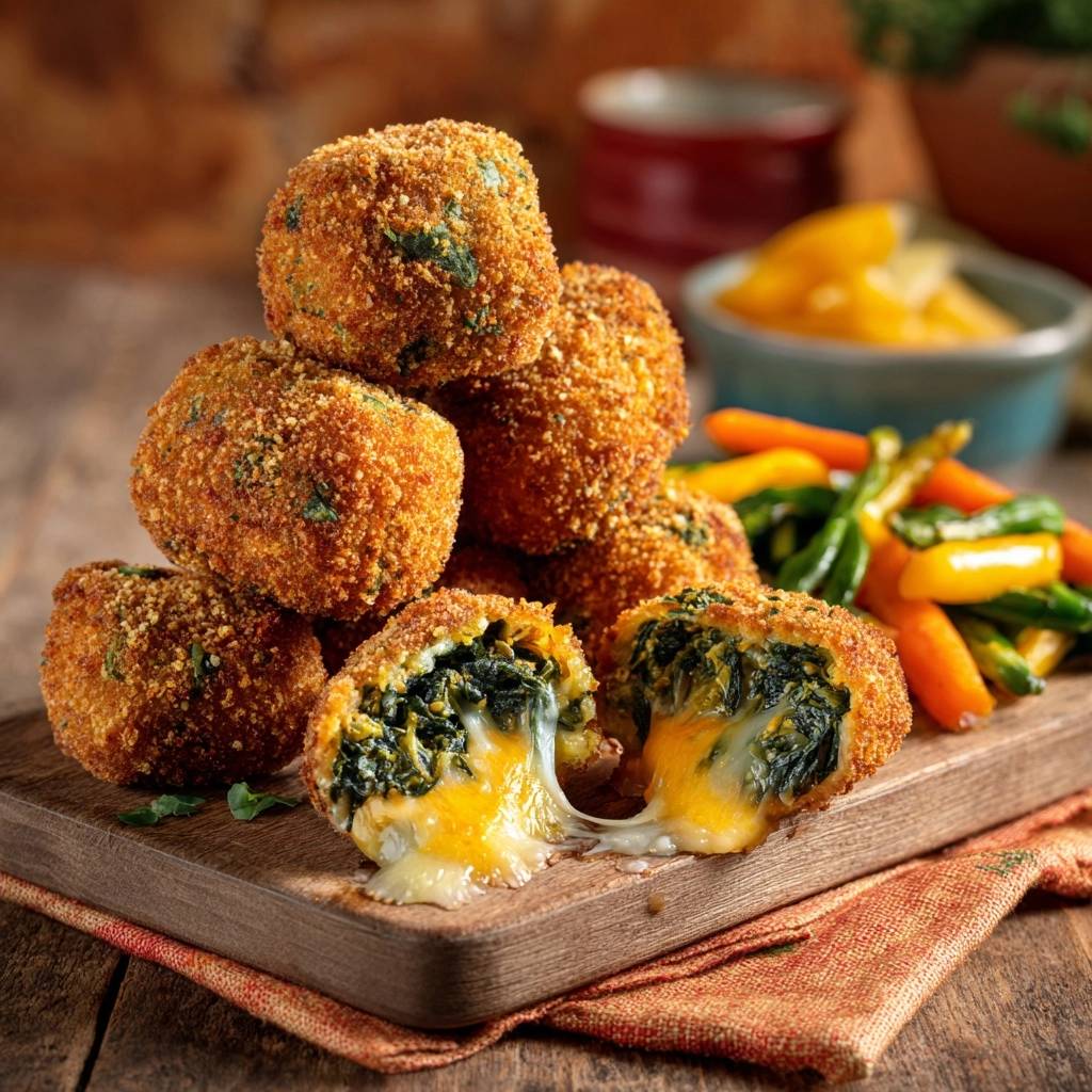 Knusprige Spinat Kase Ballchen Querschnitt 1 Knusprige Spinat-Käse-Bällchen zeigen hier einen verführerischen Querschnitt, der den geschmolzenen Käse und die Spinatfüllung offenbart.