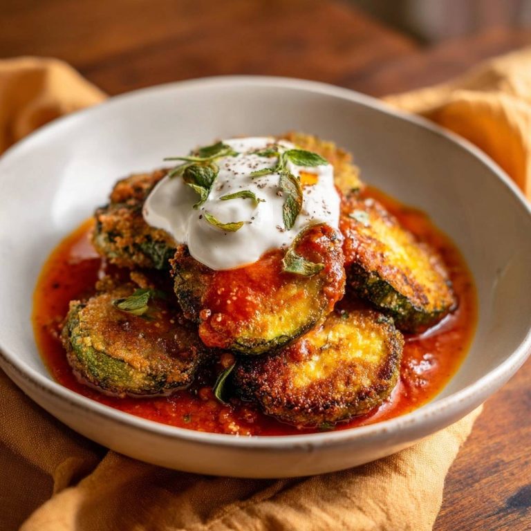 Knusprige Zucchini in Tomatensoße als Nahaufnahme mit einem Klecks Joghurt und frischen Kräutern garniert.