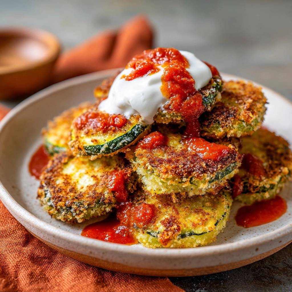 Knusprige Zucchini in Tomatensoße, serviert mit einem Klecks Dip und weiterer Soße darüber.