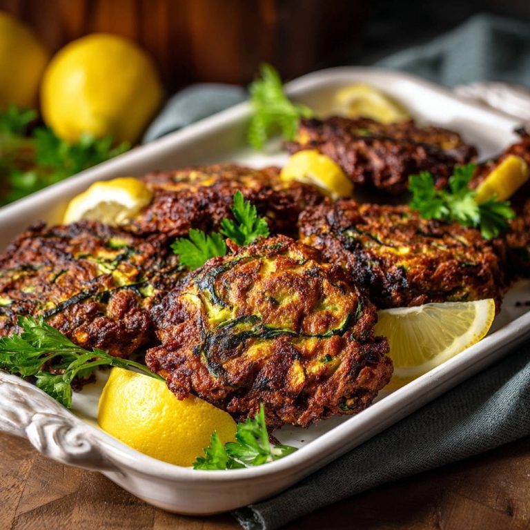 Knusprige Zucchini-Puffer mit Zitrone serviert auf einem weißen Teller, garniert mit Zitronenspalten und frischer Petersilie.