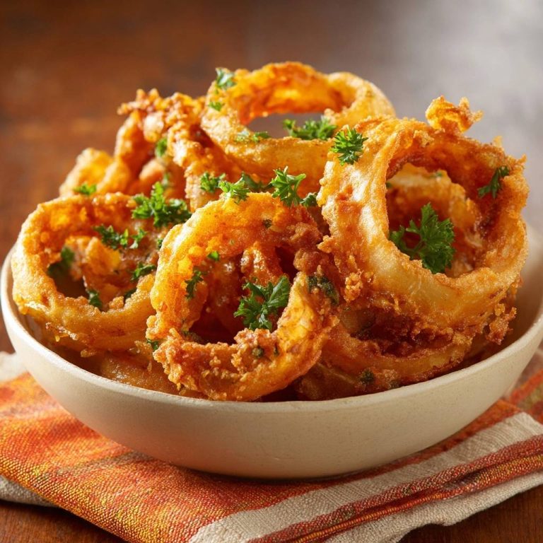 Knusprige Zwiebelringe, serviert in einer Schüssel und mit frischer Petersilie garniert. Ein herzhafter Snack, perfekt zubereitet.