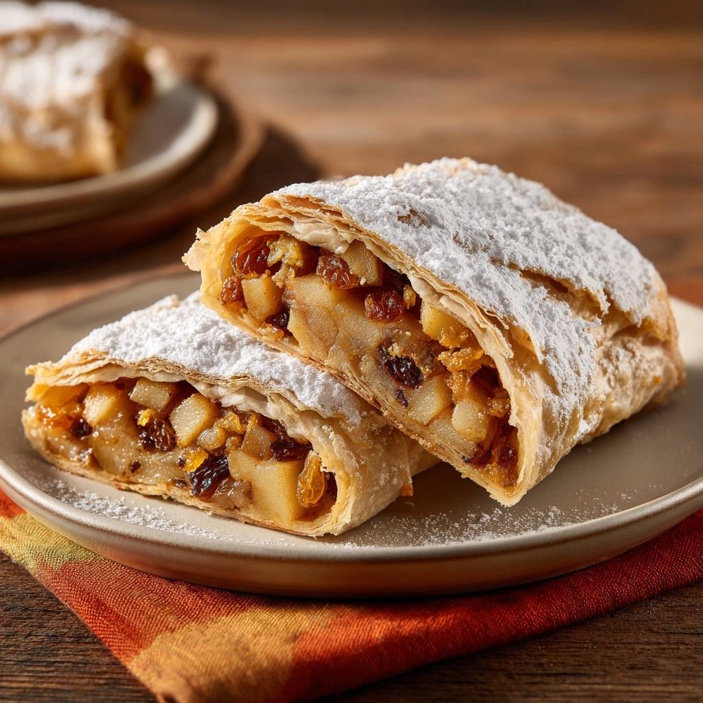 Knuspriger Apfelstrudel Querschnitt Nahaufnahme 1 Knuspriger Apfelstrudel in Nahaufnahme, angeschnitten, zeigt die saftige Apfel-Rosinen-Füllung und den knusprigen Teig, serviert auf einem Teller.