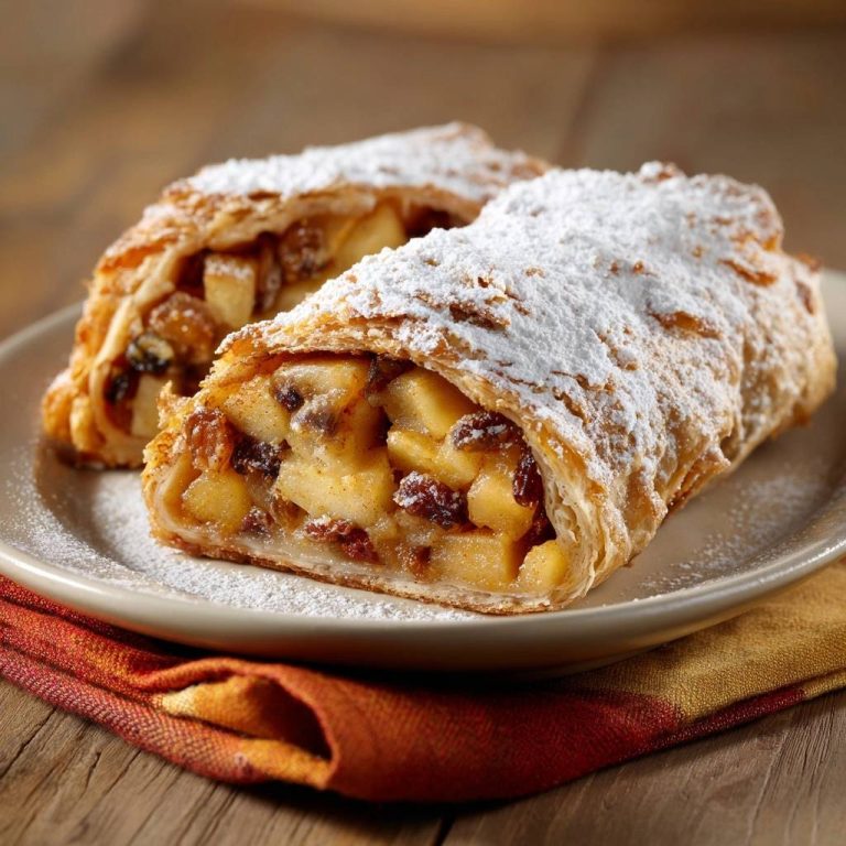 Knuspriger Apfelstrudel zeigt hier seinen köstlichen Querschnitt in Nahaufnahme. Man sieht die saftige Apfel-Rosinen-Füllung unter dem knusprigen Teig.