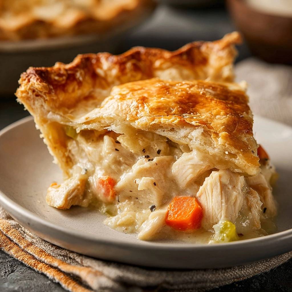 Knuspriger Hähnchen-Pot-Pie mit einem köstlichen Querschnitt, der die cremige Füllung und den knusprigen Teig zeigt.
