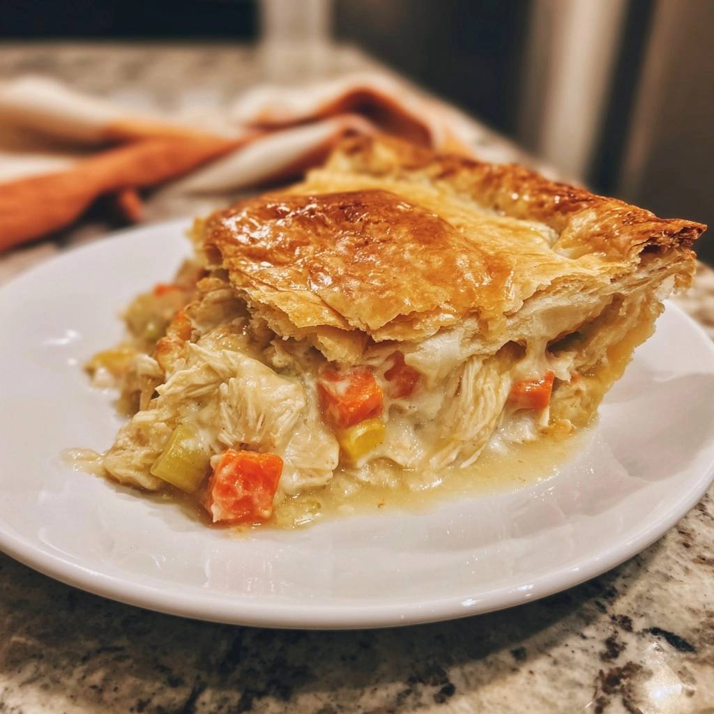 Knuspriger Hahnchen Pot Pie Querschnitt 1 Knuspriger Hähnchen-Pot-Pie in Nahaufnahme, ein serviertes Stück zeigt die köstliche Füllung aus Hähnchen und Gemüse.