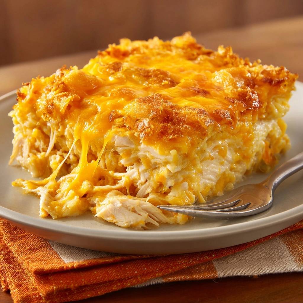 Knuspriger Hähnchen-Käse-Auflauf: Ein Nahaufnahme-Querschnitt zeigt die geschmolzene Käseschicht und zarte Hähnchenstücke.