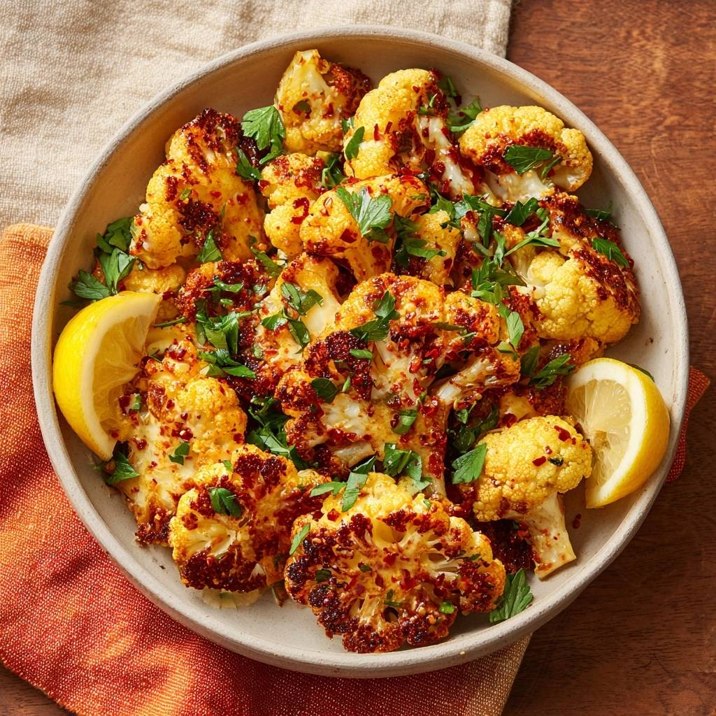 Knuspriger Paprika-Blütenkohl mit Zitrone in einer Schüssel serviert, garniert mit frischer Petersilie und frischen Zitronenspalten.