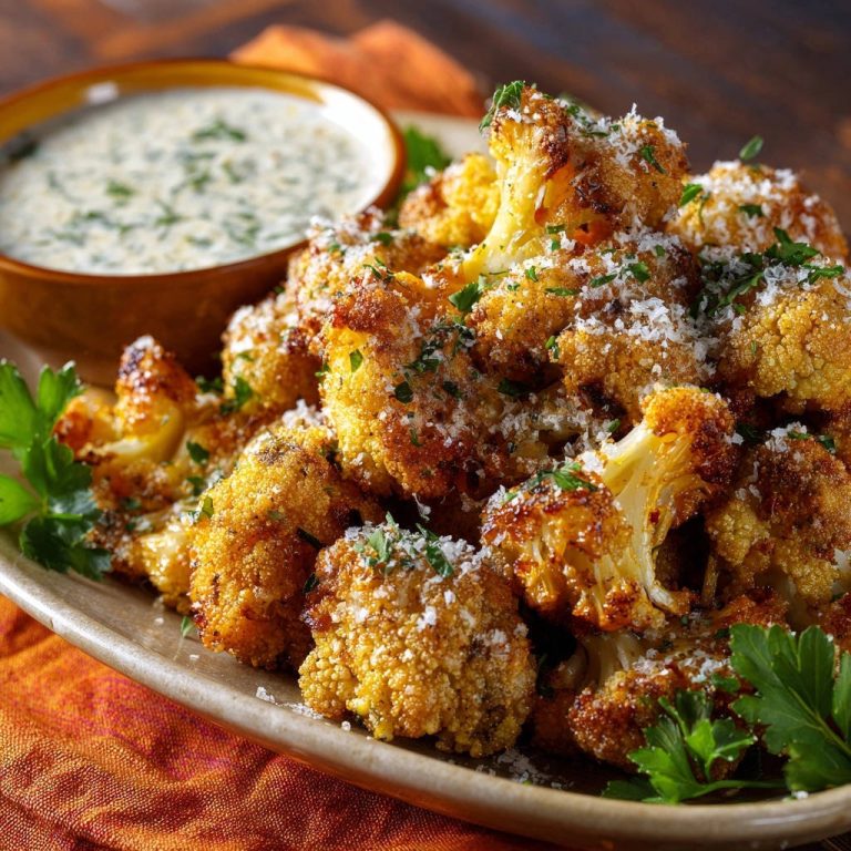 Knuspriger Parmesan-Blumenkohl aus dem Ofen, serviert auf einem rustikalen Teller, mit frischer Petersilie und Parmesan garniert. Daneben eine Schüssel mit cremigem Dip.