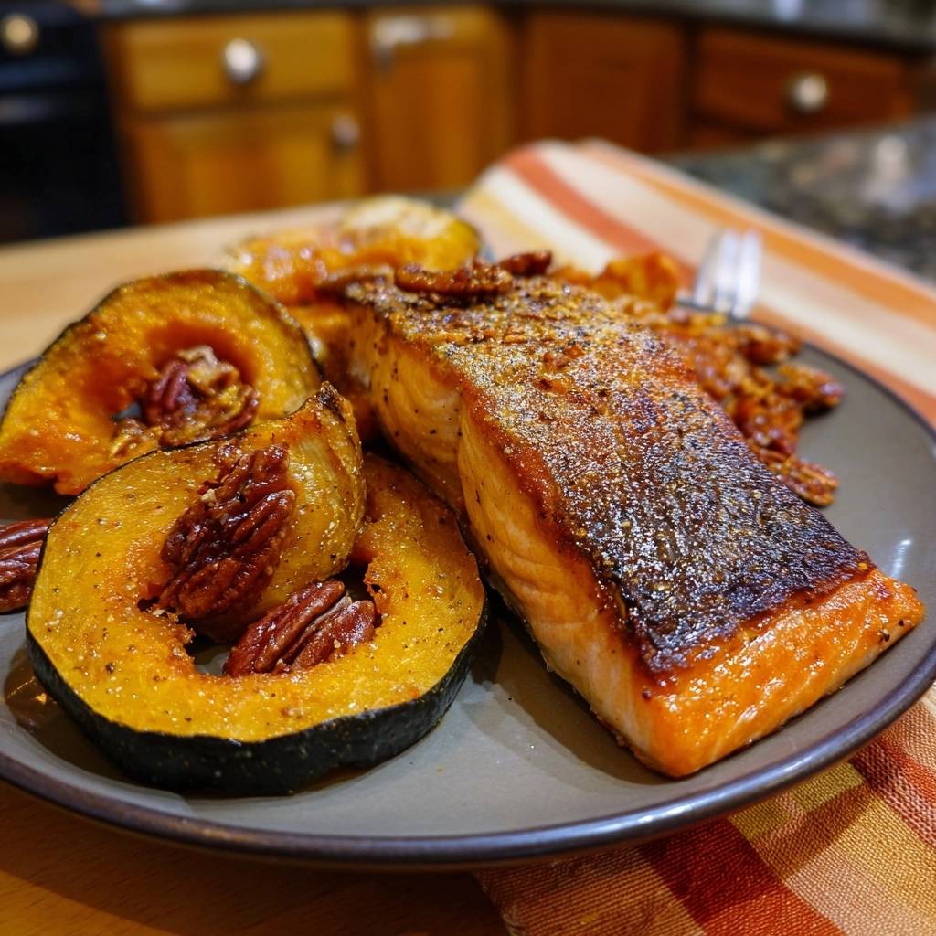 Knuspriger Pekannuss-Lachs mit Kürbis, serviert auf einem grauen Teller, mit geröstetem Kürbis und Pekannüssen als Beilage.