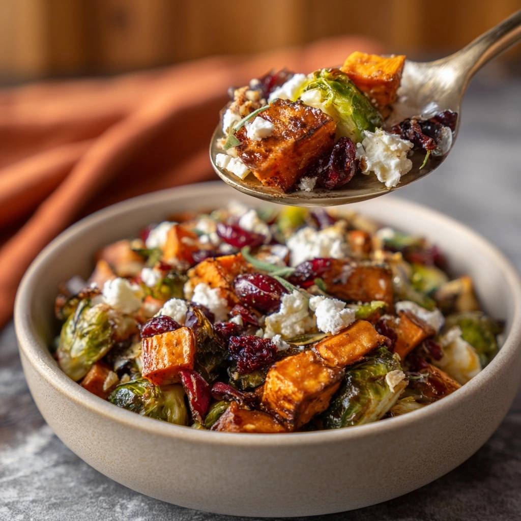Knuspriger Rosenkohl mit Süßkartoffeln, serviert auf einem Löffel, zeigt eine Nahaufnahme der Zutaten, einschließlich Käse und Cranberries.