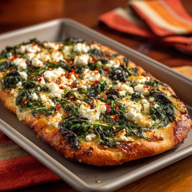 Knuspriger Spinat-Feta-Fladen in einer Backform, serviert in einer Nahaufnahme von oben, garniert mit roten Chiliflocken.
