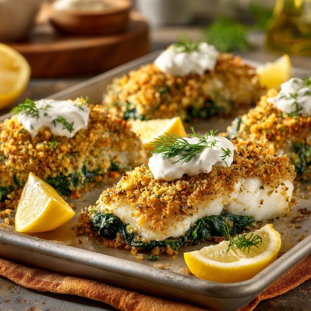 Knuspriger Spinat-Fisch mit Dill-Joghurt serviert auf einem Blech. Die Fischstücke sind mit knuspriger Kruste bedeckt und mit frischem Dill garniert.