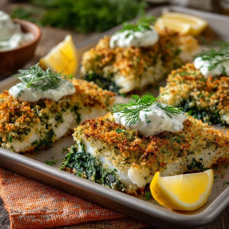 Knuspriger Spinat-Fisch mit Dill-Joghurt, serviert auf einem Backblech, garniert mit frischem Dill und Zitronenspalten.