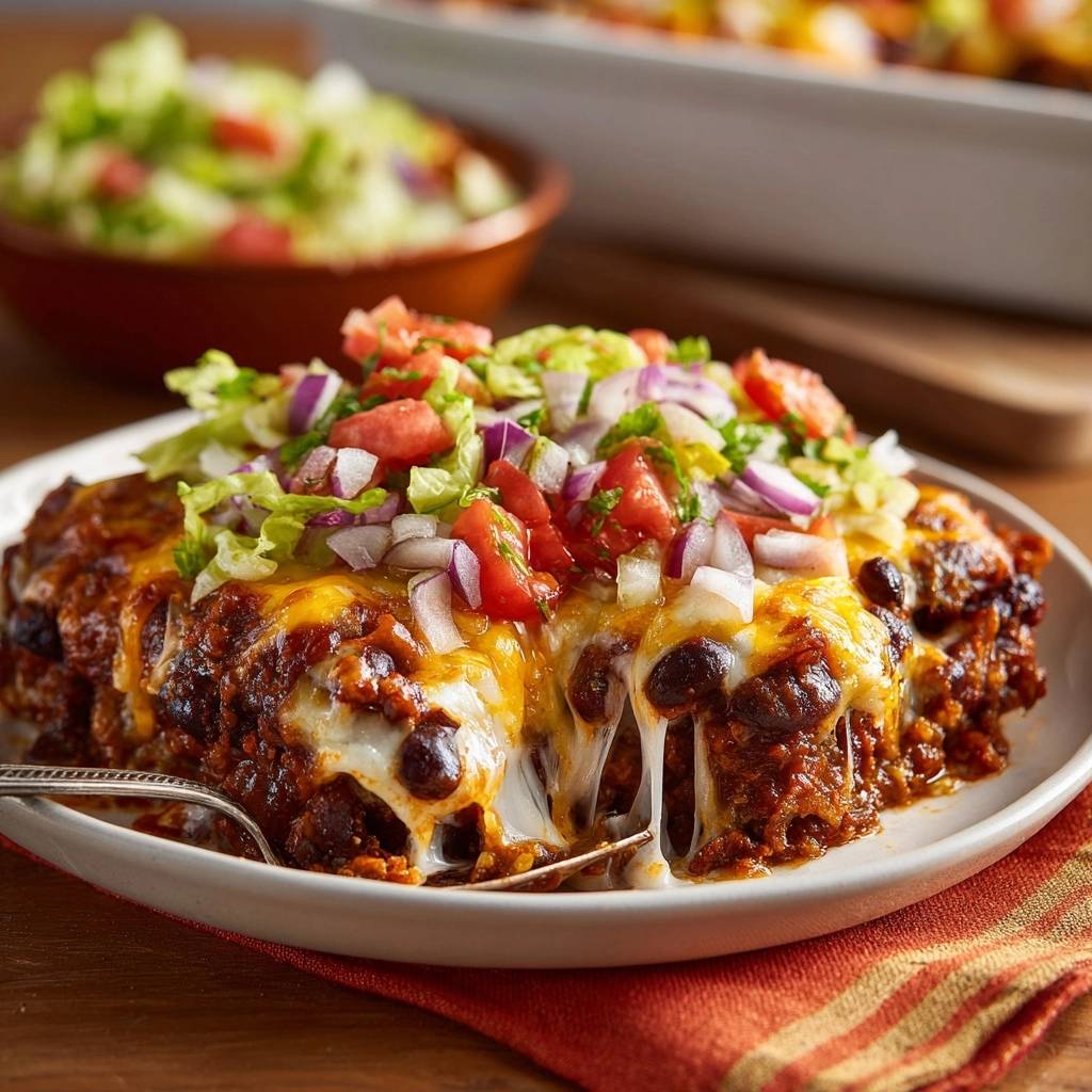 Knuspriger Taco-Auflauf angeschnitten mit geschmolzenem Käse und frischem Topping auf einem Teller serviert