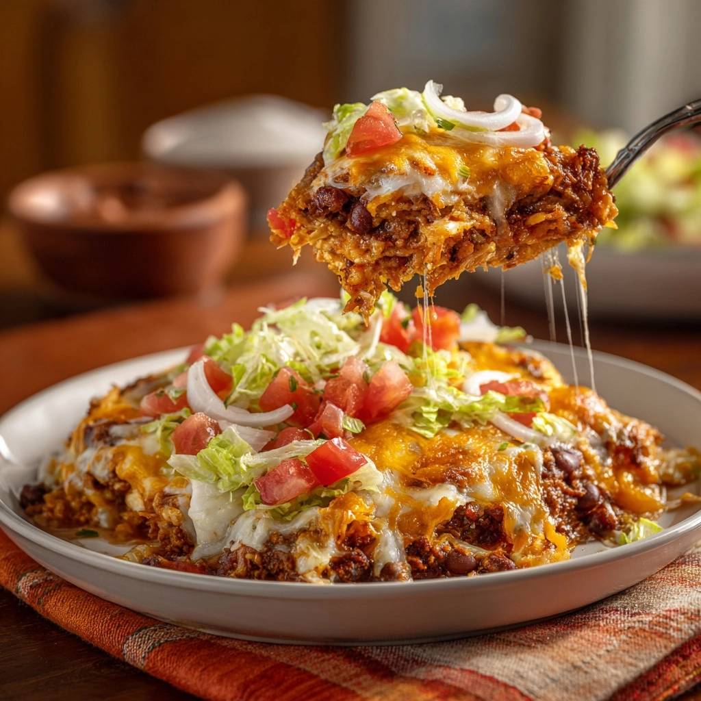 Knuspriger Taco-Auflauf Rezept angeschnitten mit geschmolzenem Käse und frischem Gemüse, Nahaufnahme