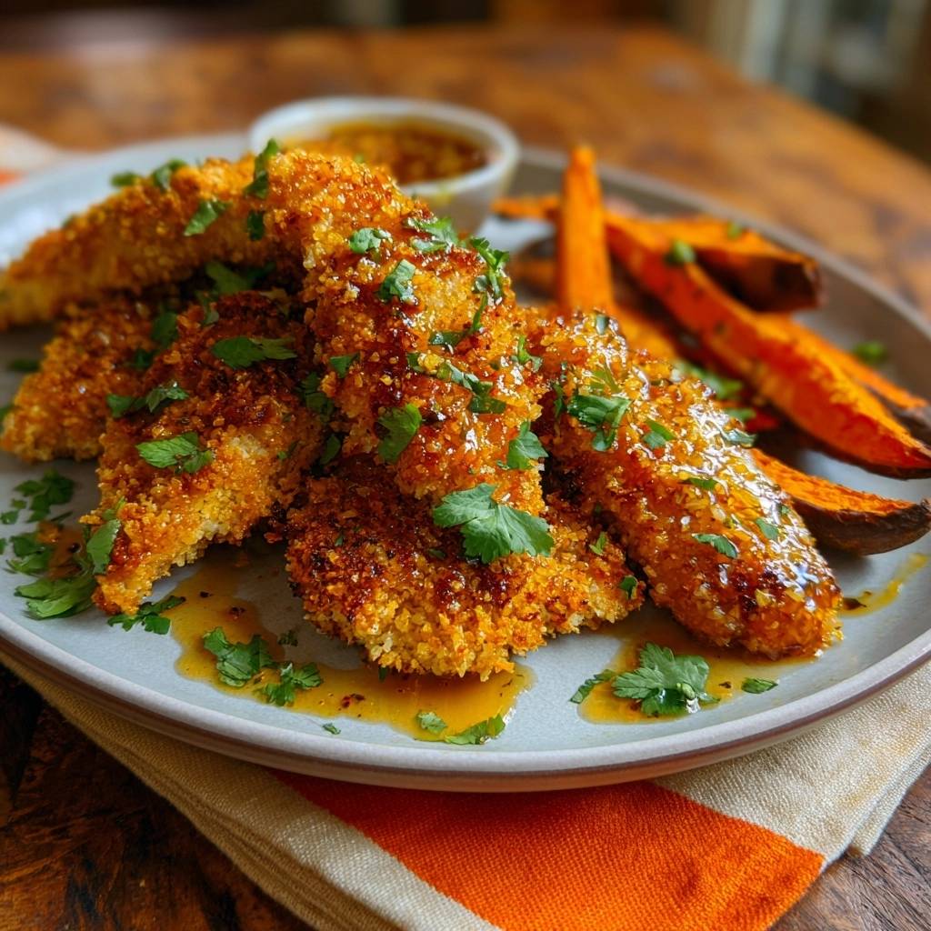 Knuspriges Glasur Huhnchen Mit Suszkartoffel Fries Serviert 1 Knuspriges Glasur-Hähnchen mit Süßkartoffel-Fries serviert auf einem Teller, garniert mit frischer Petersilie und einer süßen Glasur.