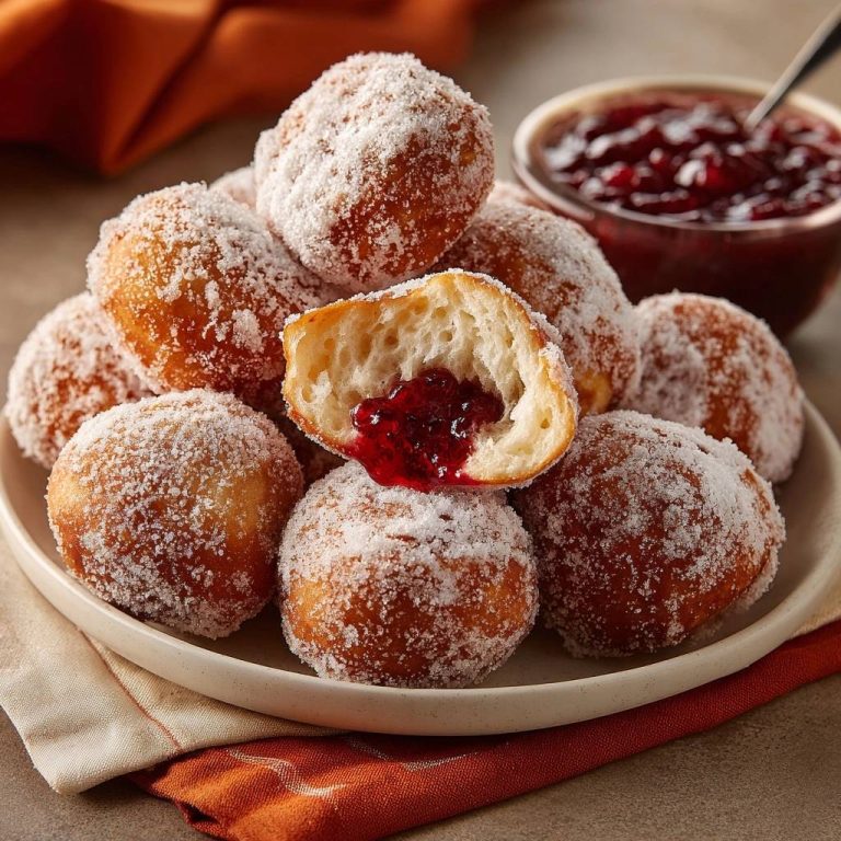 Marmeladen-Berliner mit einem Blick ins Innere, wo die fruchtige Marmelade sichtbar wird. Die frittierten Teigbällchen sind mit Zucker bestäubt.