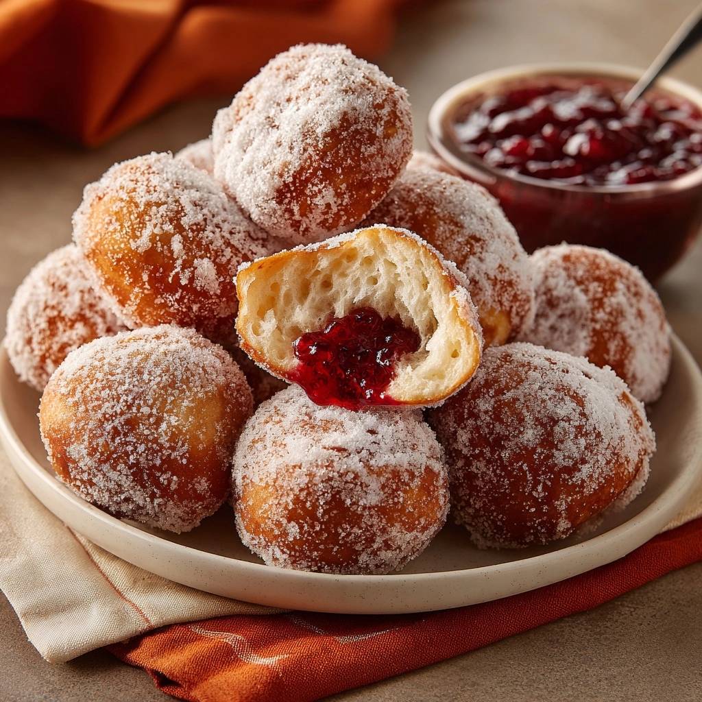 Marmeladen-Berliner mit einem Blick ins Innere, wo die fruchtige Marmelade sichtbar wird. Die frittierten Teigbällchen sind mit Zucker bestäubt.