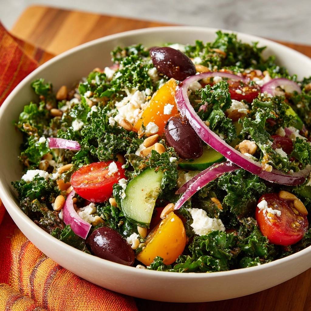 Mediterraner Kale Salat Mit Feta Draufsicht 1 Mediterraner Kale-Salat mit Feta in einer Schüssel, serviert mit Tomaten, Oliven, Zwiebeln und Feta-Käse, von oben.