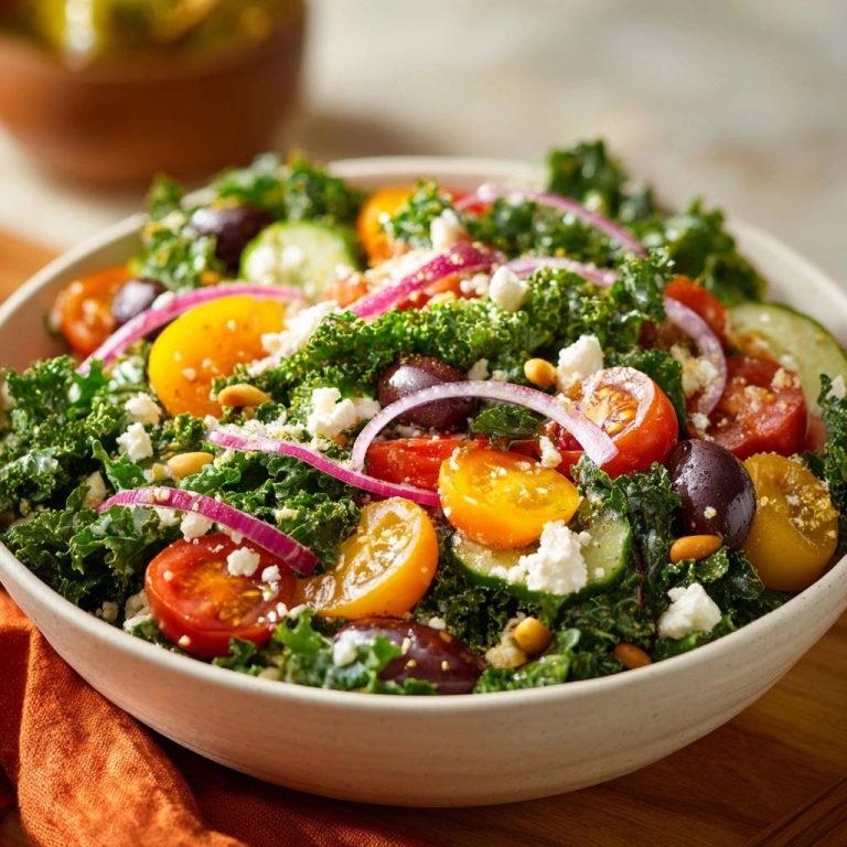 Mediterraner Kale-Salat mit Feta, serviert in einer Schüssel, enthält Tomaten, Oliven, Zwiebeln, Feta und Pinienkerne, von oben betrachtet.