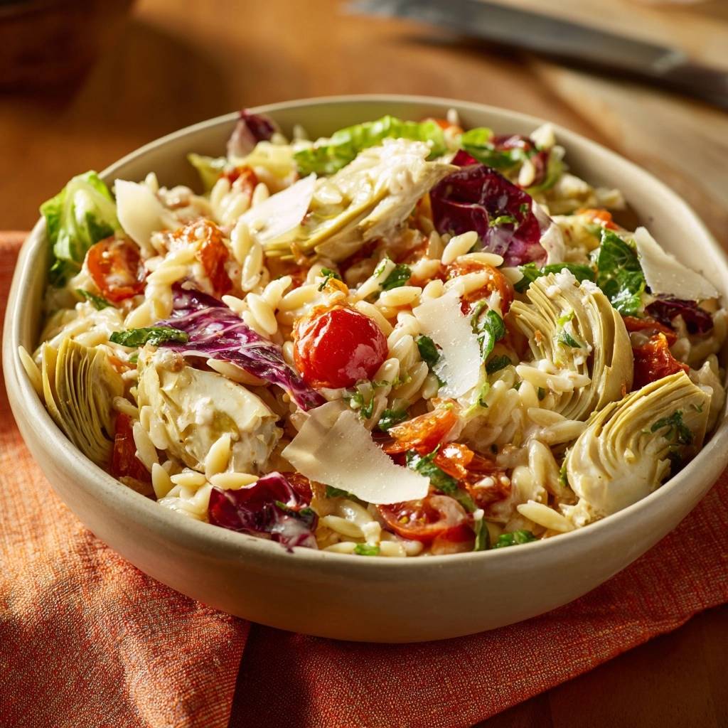Mediterraner Orzo-Salat mit Artischocken und Tomaten in einer Schüssel, von oben gesehen. Der Salat ist mit Parmesan garniert.