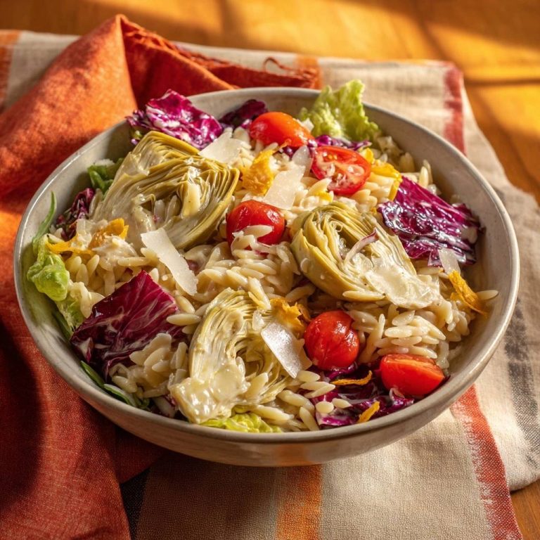 Mediterraner Orzo-Salat mit Artischocken und Tomaten, serviert in einer rustikalen Schüssel, von oben betrachtet und mit frischen Zutaten garniert.
