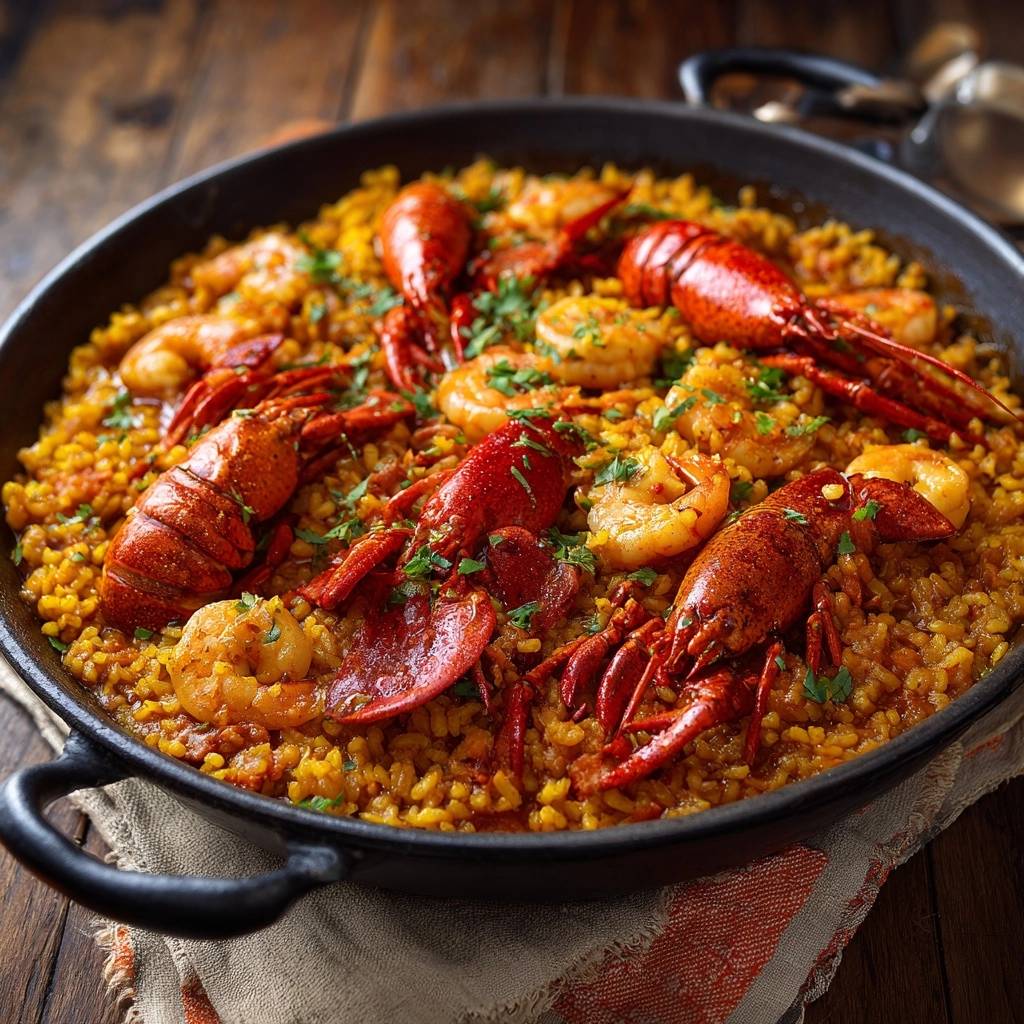 Meeresfrüchte-Paella mit Garnelen & Hummer, die in einer großen Pfanne serviert wird, mit Hummer, Garnelen und Reis von oben betrachtet.
