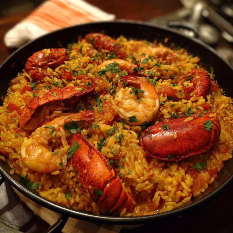 Meeresfrüchte-Paella mit Garnelen & Hummer in einer Pfanne, garniert mit frischer Petersilie und von oben fotografiert. Die Paella ist mit Hummer und Garnelen belegt.