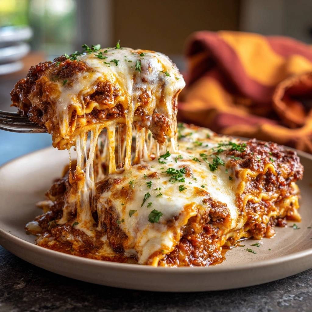 Perfekte Hackfleisch-Lasagne: Ein Nahaufnahme eines saftigen Querschnitts, der den geschmolzenen Käse in langen Fäden zeigt.