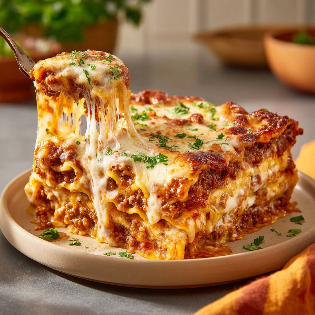 Perfekte Hackfleisch-Lasagne: Ein Nahaufnahme-Querschnitt zeigt die geschichteten Nudeln, das Hackfleisch und den geschmolzenen Käse. Das Gericht wird auf einem Teller serviert.