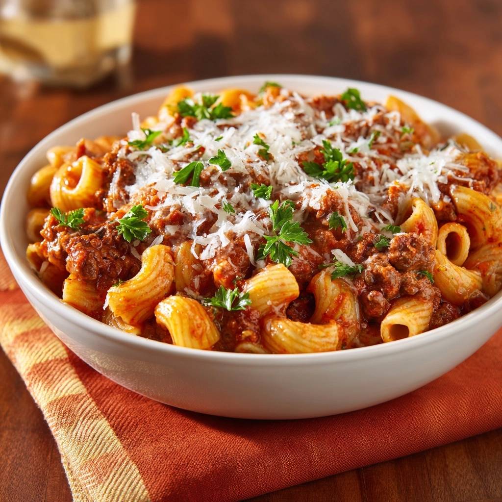 Perfekte Rigatoni Bolognese Serviert 1 Perfekte Rigatoni Bolognese, serviert in einer weißen Schüssel, garniert mit frisch geriebenem Käse und Petersilie. Ein köstliches Nudelgericht.