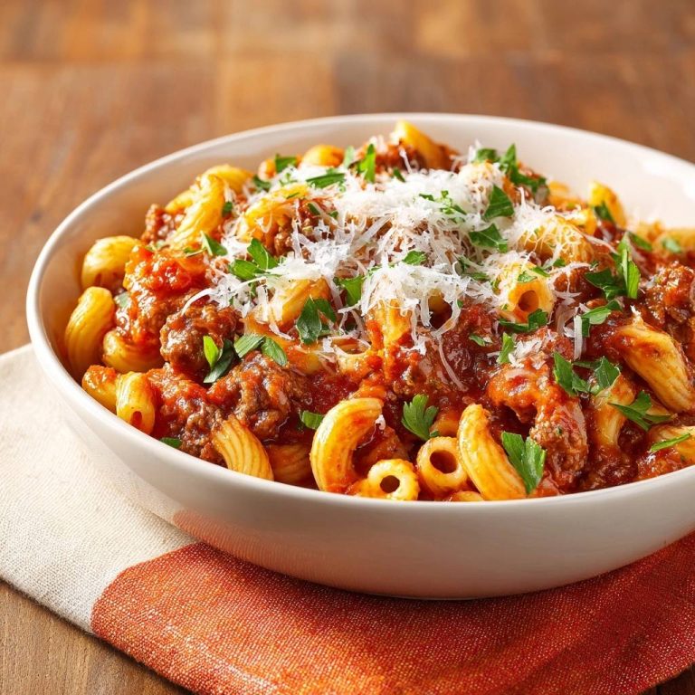 Perfekte Rigatoni Bolognese serviert in einer cremigen Schüssel, garniert mit frischer Petersilie und geriebenem Käse. Ein köstliches Mittag- oder Abendessen.