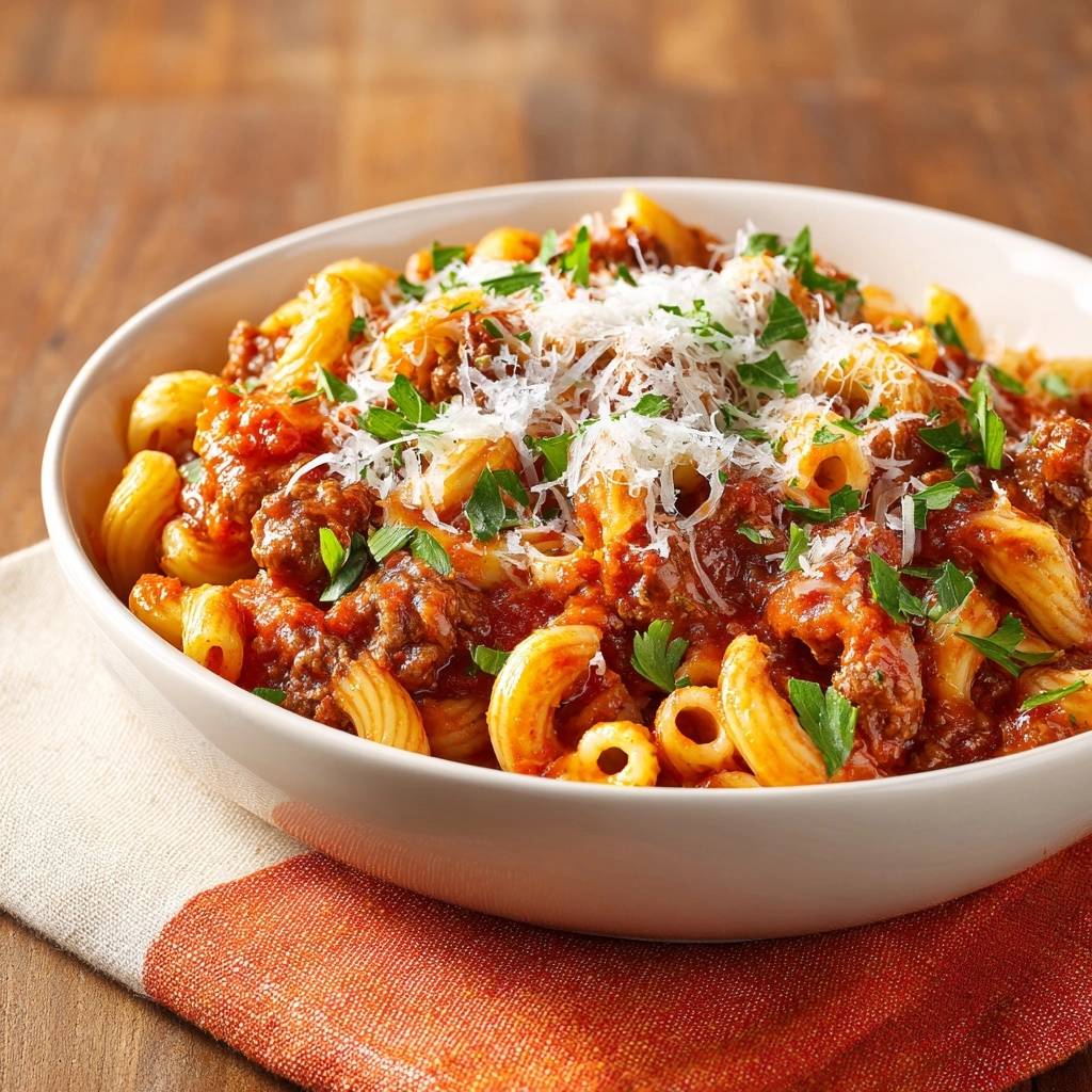 Perfekte Rigatoni Bolognese serviert in einer cremigen Schüssel, garniert mit frischer Petersilie und geriebenem Käse. Ein köstliches Mittag- oder Abendessen.