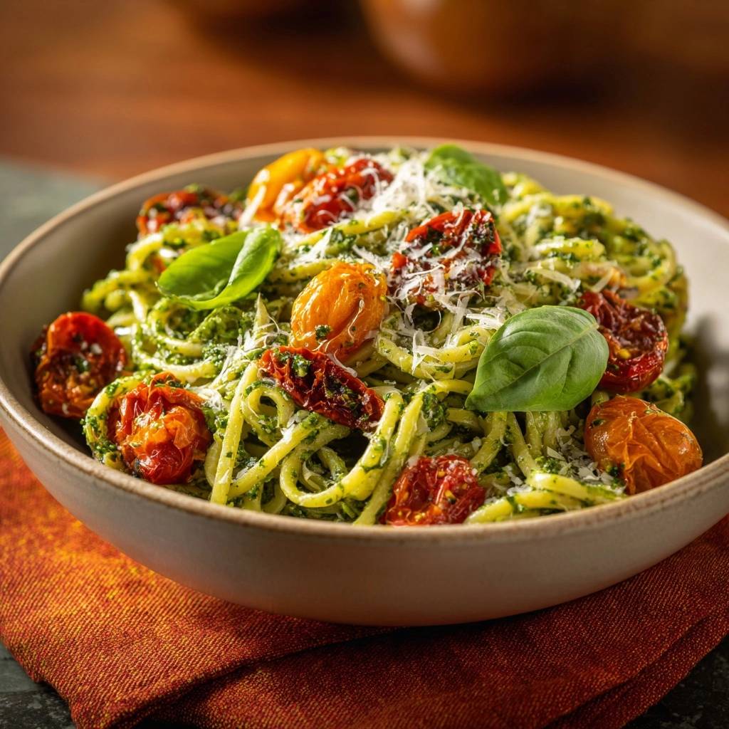 Pesto Muschelnudeln Mit Geroesteten Kirschtomaten Draufsicht 1 Pesto-Muschelnudeln mit gerösteten Kirschtomaten in einer Schüssel, garniert mit frischem Basilikum und Parmesan, aus der Vogelperspektive.