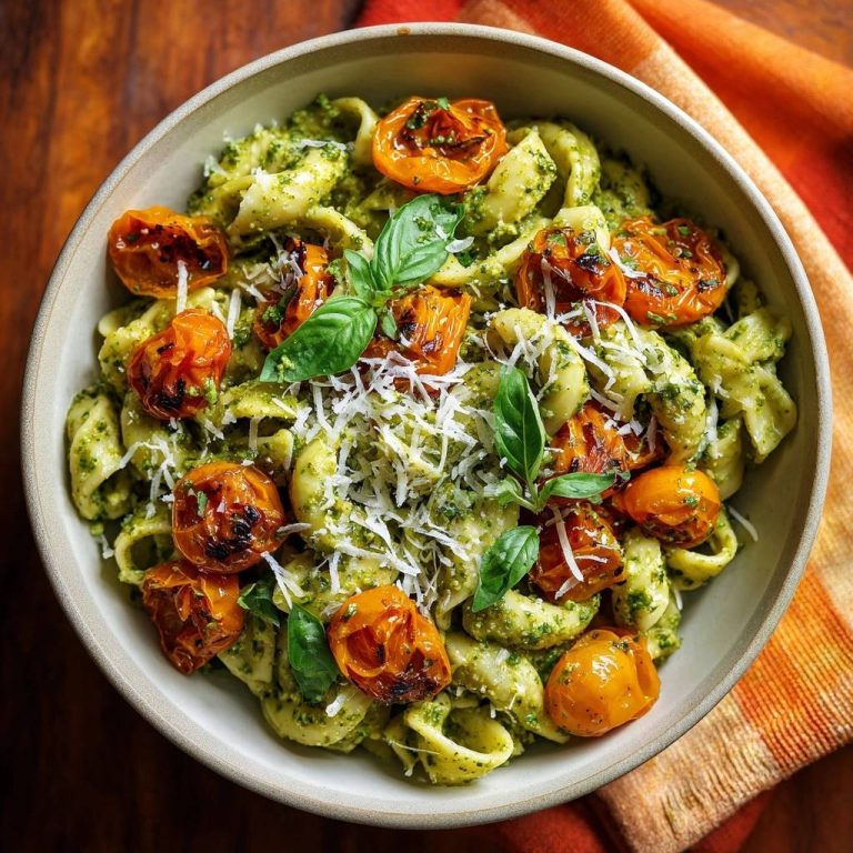 Pesto-Muschelnudeln mit gerösteten Kirschtomaten in einer Schüssel von oben gesehen, garniert mit frischem Basilikum und Parmesan.