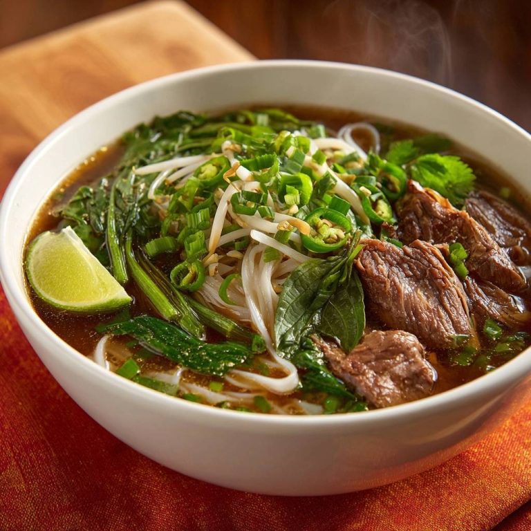 Pho Bo – Vietnamesische Rindersuppe, eine dampfende Nahaufnahme der reichhaltigen Brühe mit Rindfleisch und Kräutern.