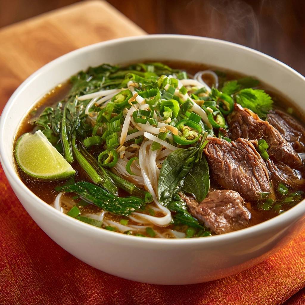 Pho Bo – Vietnamesische Rindersuppe, eine dampfende Nahaufnahme der reichhaltigen Brühe mit Rindfleisch und Kräutern.